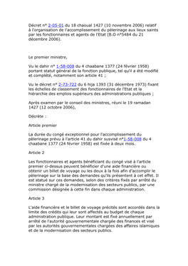 Décret N° 2.05.01Du 10 Novembre 2006 Ralatif À L'organisation De L