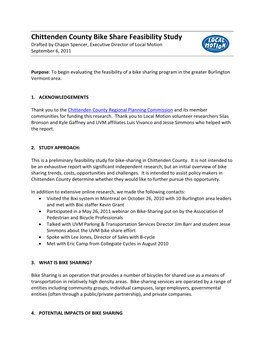 Chittenden County Bike Share Feasibility Study Drafted by Chapin Spencer, Executive Director of Local Motion September 6, 2011