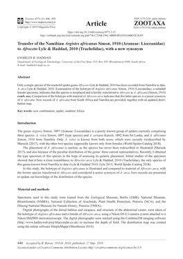 Transfer of the Namibian Argistes Africanus Simon, 1910 (Araneae: Liocranidae) to Afroceto Lyle & Haddad, 2010 (Trachelidae), with a New Synonym