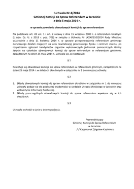 Uchwała Nr 4/2014 Gminnej Komisji Do Spraw Referendum W Jarocinie Z Dnia 5 Maja 2014 R