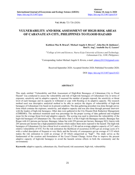 Vulnerability and Risk Assessment of High-Risk Areas of Cabanatuan City, Philippines to Flood Hazard