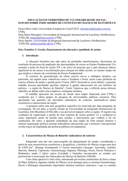 Educação Em Território De Vulnerabilidade Social: Estudo Sobre Indicadores De Contexto Do Maciço De Baturité/Ce