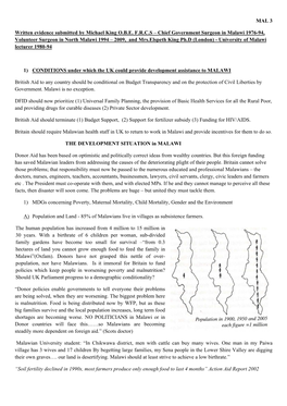 MAL 3 Written Evidence Submitted by Michael King O.B.E. F.R.C.S – Chief Government Surgeon in Malawi 1976-94, Volunteer Surgeo