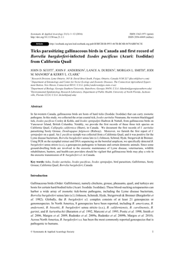 Ticks Parasitizing Gallinaceous Birds in Canada and First Record of Borrelia Burgdorferi-Infected Ixodes Pacificus (Acari: Ixodidae) from California Quail