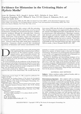 Evidence for Histamine in the Urticating Hairs of Hylesia Moths*