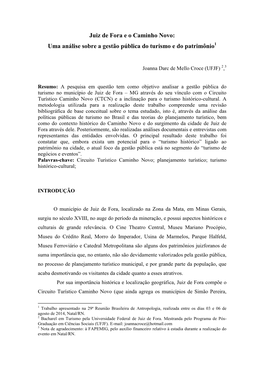 Juiz De Fora E O Caminho Novo: Uma Análise Sobre a Gestão Pública Do Turismo E Do Patrimônio1