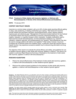 Treatment of Older Adults with Insomnia, Agitation, Or Delirium with Benzodiazepines: a Review of the Clinical Effectiveness and Guidelines