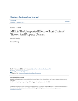 MERS: the Unreported Effects of Lost Chain of Title on Real Property Owners, 8 Hastings Bus