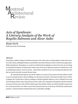 Acts of Symbiosis: a Literary Analysis of the Work of Rogelio Salmona and Alvar Aalto