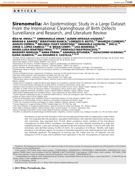 Sirenomelia: an Epidemiologic Study in a Large Dataset from the International Clearinghouse of Birth Defects Surveillance and Research, and Literature Review IEˆ DA M