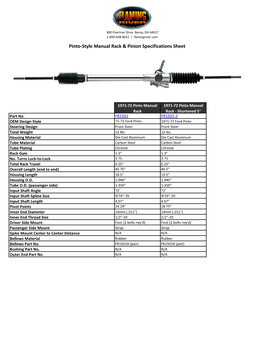 Pinto-Style Manual Rack & Pinion Specifications Sheet