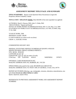 Report on the Quartzite Silica Occurrences Longworth Properties, British Columbia, Canada