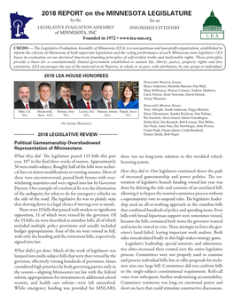 2018 REPORT on the MINNESOTA LEGISLATURE by the for an LEGISLATIVE EVALUATION ASSEMBLY INFORMED CITIZENRY of MINNESOTA, INC Founded in 1972 •