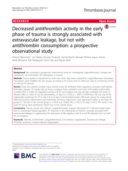 Decreased Antithrombin Activity in the Early Phase of Trauma Is Strongly