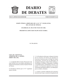 Diario De Debates LV Legislatura Del Estado De México DE DEBATES