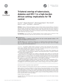 Trilateral Overlap of Tuberculosis, Diabetes and HIV-1 in a High-Burden African Setting: Implications for TB Control