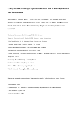 Earthquake and Typhoon Trigger Unprecedented Transient Shifts in Shallow Hydrothermal Vents Biogeochemistry