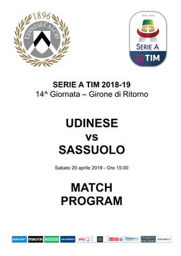 UDINESE Vs SASSUOLO MATCH PROGRAM