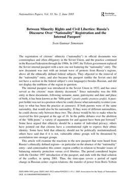 Between Minority Rights and Civil Liberties: Russia’S Discourse Over “Nationality” Registration and the Internal Passportã Sven Gunnar Simonsen