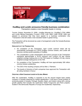 Hudbay and Lundin Announce Friendly Business Combination Transaction Creates a New Canadian Leader in Mining