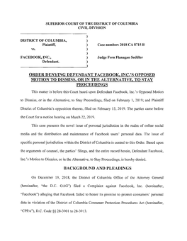 Order Denying Defendant Facebook, Inc.'S Opposed