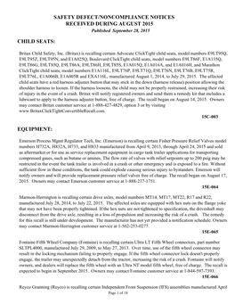 Child Seats: Equipment: Safety Defect/Noncompliance Notices Received During August 2015