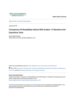 Comparison of Readability Indices with Grades 1-5 Narrative and Expository Texts