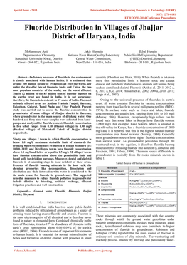 Fluoride Distribution in Villages of Jhajjar District of Haryana, India