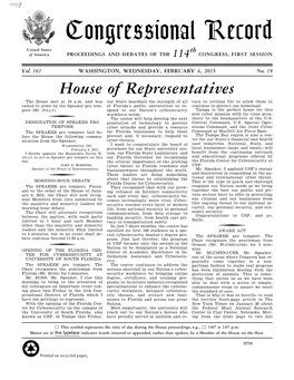 Congressional Record United States Th of America PROCEEDINGS and DEBATES of the 114 CONGRESS, FIRST SESSION