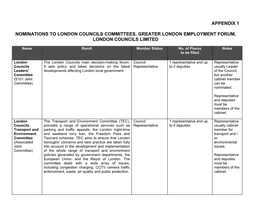 Appendix 1 Nominations to London Councils Committees, Greater London Employment Forum, London Councils Limited