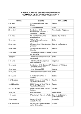 Calendario De Eventos Deportivos Comarca De Las Cinco Villas 2018