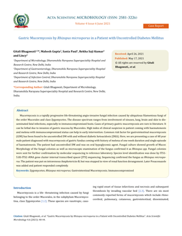 Gastric Mucormycosis by Rhizopus Microsporus in a Patient with Uncontrolled Diabetes Mellitus