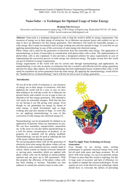 Nano-Solar - a Technique for Optimal Usage of Solar Energy