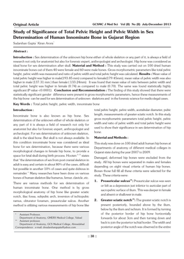 Study of Significance of Total Pelvic Height and Pelvic Width in Sex Determination of Human Innominate Bone in Gujarat Region Sudarshan Gupta*, Kiran Arora **