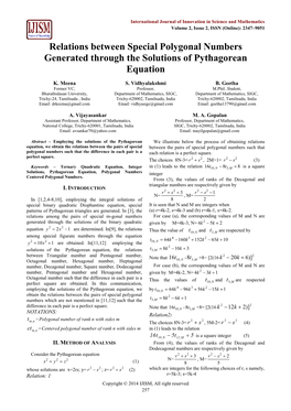 Relations Between Special Polygonal Numbers Generated Through the Solutions of Pythagorean Equation