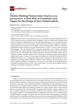 Choline Binding Proteins from Streptococcus Pneumoniae: a Dual Role As Enzybiotics and Targets for the Design of New Antimicrobials