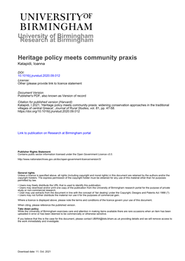 Heritage Policy Meets Community Praxis: Widening Conservation Approaches in the Traditional Villages of Central Greece', Journal of Rural Studies, Vol