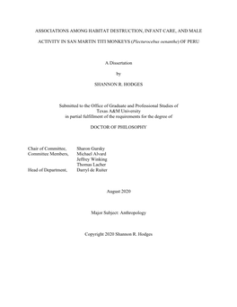 ASSOCIATIONS AMONG HABITAT DESTRUCTION, INFANT CARE, and MALE ACTIVITY in SAN MARTIN TITI MONKEYS (Plecturocebus Oenanthe )