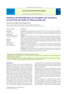 Isolation and Identification of Astragalin and 2-Methoxy Tyrosol from the Bulbs of Allium Paradoxum