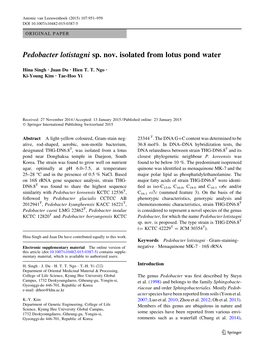 Pedobacter Lotistagni Sp. Nov. Isolated from Lotus Pond Water