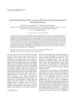 Nutritional Evaluation of Rhus Chinensis Mill. (Heimang) and Development of Value Added Products