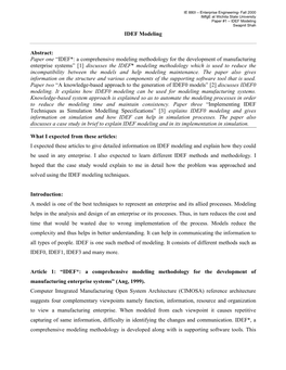 IDEF Modeling Abstract: Paper One “IDEF*: a Comprehensive Modeling Methodology for the Development of Manufacturing Enterprise