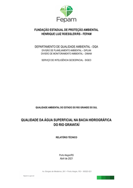 Relatório Da Qualidade Das Águas Superficiais Da Bacia Do Gravataí