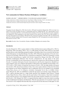 Zootaxa, New Synonymies in Chinese Oxyinae (Orthoptera: Acrididae)