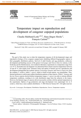 Temperature Impact on Reproduction and Development of Congener Copepod Populations