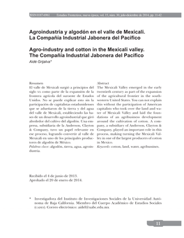 Agroindustria Y Algodón En El Valle De Mexicali. La Compañía Industrial Jabonera Del Pacífico Agro-Industry and Cotton in Th