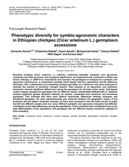 Phenotypic Diversity for Symbio-Agronomic Characters in Ethiopian Chickpea (Cicer Arietinum L.) Germplasm Accessions