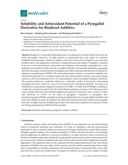 Solubility and Antioxidant Potential of a Pyrogallol Derivative for Biodiesel Additive