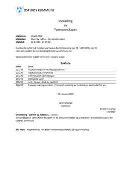 OSTERØY KOMMUNE Innkalling Av Formannskapet