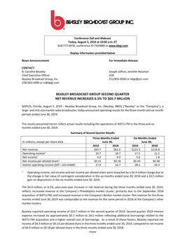 Beasley Broadcast Group Second Quarter Net Revenue Increases 6.5% to $65.7 Million